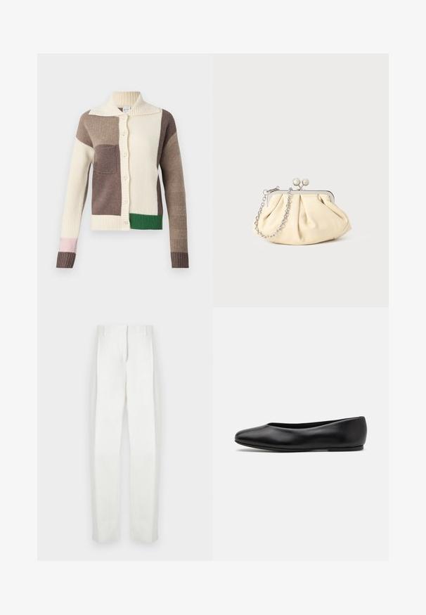 Sweter z dzianiny z kołnierzykiem, z kolorowymi łatkami w odcieniach kremowym, brązowym, zielonym i różowym. Ribbed textura oraz zapięcie na guziki.; Ciemnobrązowa, długa koszula z guzikami, z dwiema kieszeniami na klatce piersiowej i klasycznym kołnierzykiem, zaprezentowana na jednolitym białym tle.; Paul Smith - Spodnie materiałowe; Paul Smith TOPANGA czarny; Złożona beżowa skórzana kopertówka z srebrną metalową ramą, z dwoma okrągłymi dekoracyjnymi zapięciami i srebrnym łańcuszkiem.