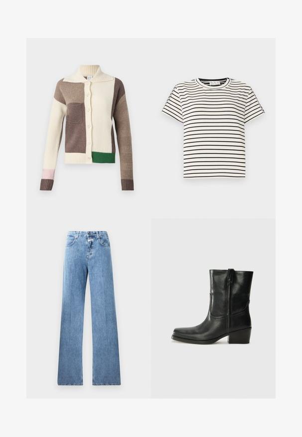 Gebreide cardigan met een kraag, voorzien van meerkleurige patches in room, bruin, groen en roze. Geribbelde textuur en knoopsluiting.; Katoenen T-shirt met korte mouwen en een ronde hals, met zwarte verticale strepen op een witte achtergrond en een rechte snit.; Lichtblauwe denim jeans met een wijde pasvorm, vijf zakken, lussen voor een riem en een knoopsluiting. De stof heeft een gladde textuur.; Zwarte leren enkellaars met een ronde neus, blokhak, zijrits en stikselaccenten op de wreef. Gladde textuur, klassiek ontwerp.