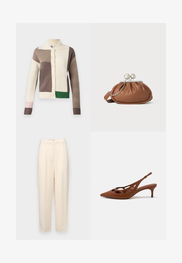 Cardigan tricoté avec un col, arborant des patchs multicolores en crème, marron, vert et rose. Texture côtelée et fermeture à boutons.; Haut tricot blanc à manches courtes avec un col rond, présentant une texture lisse et des accents côtelés subtils aux manches et à l'ourlet.; Pantalons beiges ajustés à coupe droite, avec des plis à l'avant, une texture lisse et une taille mi-haute. Pas de poches visibles.; Escarpin à talon en cuir marron, avec un bout pointu, un design découpé et des détails cousus. Il dispose d'un talon élancé et d'une sangle réglable.; Pochette en cuir marron avec un fermoir à boule en argent et un petit détail en chaîne argentée sur fond blanc.
