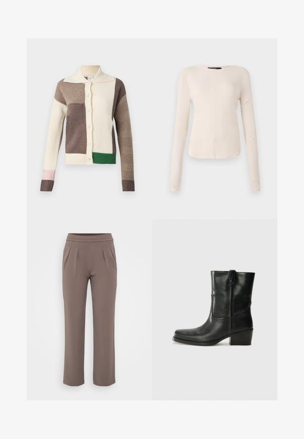 Stickad cardigan med krage, med flerfärgade lappar i gräddfärg, brunt, grönt och rosa. Ribbad textur och knappknäppning.; Långärmad, ljusbeige topp med rund halsringning. Tillverkad i mjukt material, har en central söm och något rundad nederkant. Inga synliga detaljer.; Taupe löst sittande byxor med elastisk midja och framfåll, gjorda av ett mjukt tyg.; Svart läderankelboot med rund tå, blockklack, sidodragkedja och sömmar på ovandelen. Slät textur, klassisk design.