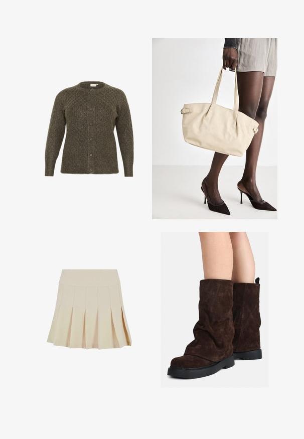 Olajzöld, gyémántmintás kötött kardigán, kerek nyakkal és elülső gombokkal. Hosszú ujjakkal és texturált felülettel rendelkezik.; Fehér pamut ujjatlan felső széles vállpántokkal, kerek nyakkal és sima, bordázott textúrával. Nincsenek minták vagy díszítések.; Beige, redőzött szoknya, amelyen a derékrész szorosan illeszkedik, sima anyagból készült. Több függőleges redő és egyenes szegély található rajta.; Barna velúr, középig érő csizmák fekete gumitalppal, mezítláb viselve, a csizma szárán enyhe gyűrődések láthatók.; Beige színű shopper táska sima bőrfelülettel, strukturált formával, két fogantyúval és oldalsó csat díszítéssel. Elegáns fekete magassarkú cipővel párosítva.; Krém színű párnázott fejpánt csavaros kivitelezéssel, bézs és fehér csíkos pólóval párosítva, kerek nyakkivágással. Diszkrét ékszer kiegészítők.