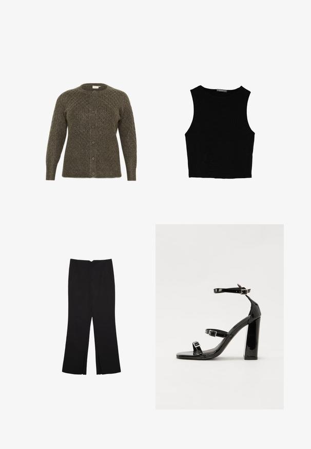 Cardigan lavorato a maglia verde oliva con motivi a rombi, collo rotondo e bottoni frontali. Presenta maniche lunghe e una finitura testurizzata.; Top corto senza maniche nero realizzato in tessuto liscio, con scollatura rotonda e un design pulito e semplice, privo di pattern o accessori.; Pantaloni neri a gamba dritta, con tasche frontali e spacchi laterali all'orlo. Realizzati in tessuto morbido e liscio. Adatti a diverse occasioni.; Sandali con tacco in vernice nera, con punta squadrata, cinturini alla caviglia e fibbie in argento. Presentano un tacco a blocco spesso per maggiore stabilità.