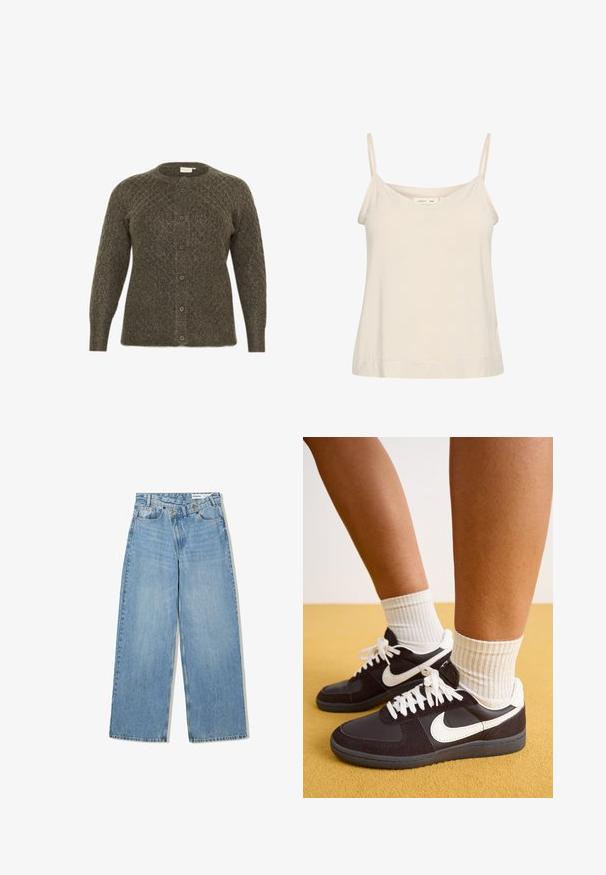 Olive green knitted cardigan with diamond patterns, round neck, and front buttons. Features long sleeves and a textured finish.; Light beige camisole made of soft fabric, featuring thin adjustable straps and a V-neckline with a slightly relaxed fit.; Light blue wide-leg jeans made of denim, featuring a high waist, five pockets, button closure, and subtle fading for texture.; Black and white Nike sneakers with suede and leather upper, white laces, worn with ribbed cream socks, set against a yellow background.