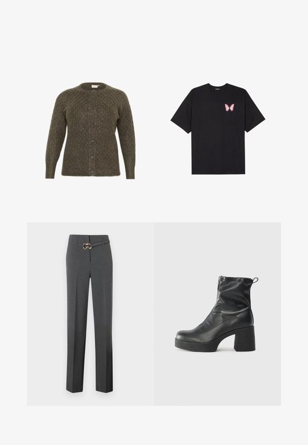 Olivgrüner gestrickter Cardigan mit Rautenmuster, Rundhalsausschnitt und Knöpfen vorne. Verfügt über lange Ärmel und eine strukturierte Oberfläche.; Schwarzes Baumwoll-T-Shirt mit kurzen Ärmeln, das ein kleines pinkes Schmetterlingsmotiv auf der linken Brust zeigt. Crewneck-Design mit einem entspannten Schnitt.; Dunkelgraue, maßgeschneiderte Damenhose mit geraden Beinen und einem dünnen, passenden Gürtel mit goldfarbener Schnalle.; Schwarze Stiefeletten aus glattem Leder mit seitlichem Reißverschluss, klobigem strukturiertem Absatz und runder Zehenform.