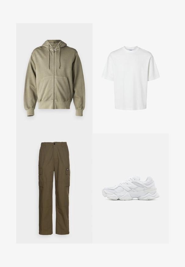 Vaaleanoliivinvihreä vetoketjullinen huppari, jossa on kiristettävä huppu, etutaskut, ribbaustaskut ja helma. Valmistettu pehmeästä, teksturoidusta kankaasta.; Valkoinen puuvillapaita lyhyillä hihoilla, pyöreällä kaula-aukolta ja rentoa istuvuutta. Sujuva pinta ilman näkyviä kuvioita tai korostuksia.; Olivi vihreät cargo-housut, jotka on valmistettu kestävästä kankaasta. Ominaisuuksia ovat kaksi sivutaskua, normaali vyötärö ja suora lahje.; Valkoiset urheilukengät, joissa on verkkokangas- ja nahkapinta, pyöreä kärki, kerroksellinen muotoilu ja pehmustettu pohja mukavuutta varten.