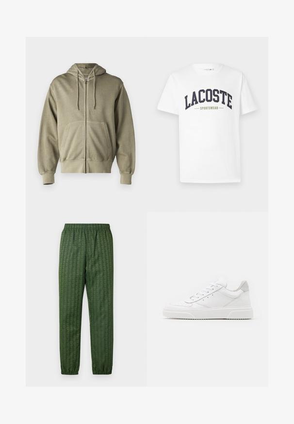 Lys olivengrøn zip-up hoodie med snoretræk, forlommer, ribbede manchetter og kant. Lavet af blødt, struktureret stof.; Hvid t-shirt lavet af bomuld med et navy og olivengrønt "LACOSTE SPORTSWEAR" logo trykt på tværs af brystet i et buet design.; Grønne mønstrede træningsbukser med elastisk talje, smalle ben og et geometrisk design over det hele. Lavet af letvægtsmateriale.; Hvide lædersneakers med en glat finish, rund tå, flade snørebånd og en struktureret sål. Grå ruskindsdetalje ved hælen.