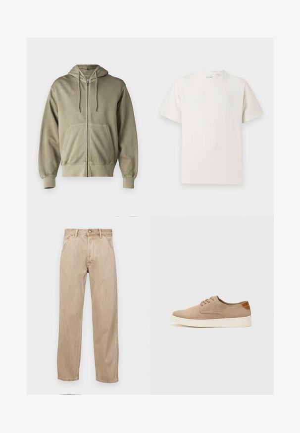 Sudadera de cierre con cremallera en un verde oliva claro, con capucha ajustable, bolsillos frontales, puños y dobladillo acanalados. Fabricada con una suave tela texturizada.; Camiseta blanca de manga corta en textura acanalada. Cuello redondo, corte relajado, sin patrones ni acentos visibles. Diseño simple y versátil.; Jeans de mezclilla beige con un diseño de pierna recta, que cuentan con bolsillos frontales, cierre de botón de metal y una textura sutil.; Zapatillas de ante beige con puntera redondeada, cordones en la parte delantera y un acento texturizado en la parte trasera. La suela de goma blanca proporciona contraste. Diseño sencillo y moderno.