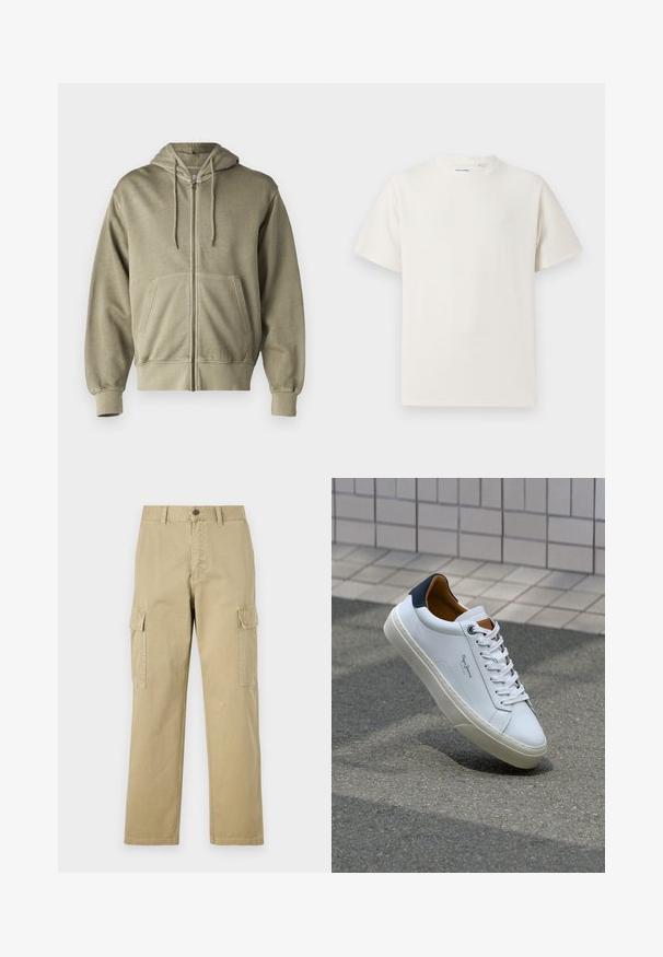 Svetlo olivnozeleni zip-up hoodie s kapuco na vrvico, sprednjimi žepi, rebrastimi manšetami in robom. Narejen iz mehkega, teksturiranega blaga.; Bela majica s kratkimi rokavi iz rebraste tkanine. Okrogli izrez, sproščen kroj, brez vidnih vzorcev ali naglasov. Preprosta in vsestranska zasnova.; Bež hlače s cargo krojem iz bombaža, z dvema stranskima žeparm, gumbom za zapiranje in ravnimi nogavicami iz rahlo teksturirane tkanine.; Beli usnjeni čevelj s plavo peto, okrogelimi prsti in kontrastnimi rjavimi detajli. Ima ravne vezalke in teksturiran gumijast podplat.