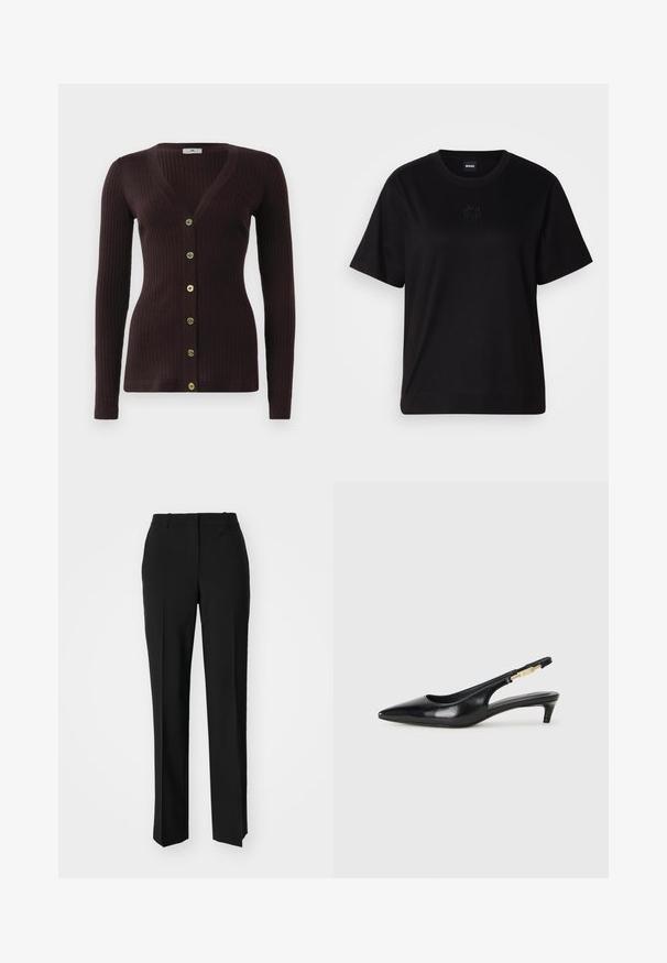 Cardigan de malha canelada roxo escuro com mangas longas e seis botões dourados na frente, apresentando um decote em V e forma ajustada.; T-shirt de algodão preto com decote redondo, mangas curtas e um logótipo bordado no peito. Corte simples e descontraído, sem padrões.; Calças pretas de corte ajustado com um design de perna reta, apresentando uma textura lisa e pregas bem definidas na frente. Sem hardware visível.; Saltos slingback em couro preto com bico fino, apresentando um salto esguio e um detalhe em tom dourado na alça ajustável. Textura suave.