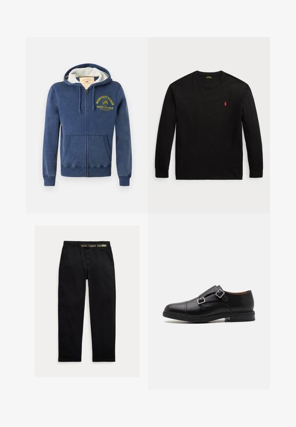 Jūras zila sporta jaka ar rāvējslēdzēju, izgatavota no kokvilnas maisījuma, ar odere pušķī, divām priekšējām kabatām un dzeltenu drukātu tekstu ar palmu koku dizainu.; Melnas garās piedurknes T-krekls no kokvilnas. Iezīmēts ar apaļu kakla izgriezumu, ribotiem piedurknēm un mazu sarkanu izšūtu logotipu uz krūts. Gluda tekstūra.; Melnas bikses, izgatavotas no viegla auduma, ar elastīgu jostu un integrētu zaļu jostu, taisna piegriezuma un sānu kabatām.; Melnas ādas kleitu kurpes ar diviem sprādžu aizdari, noapaļota purngala, smalki izšuvumi un plakans, teksturēts gumijas zole.