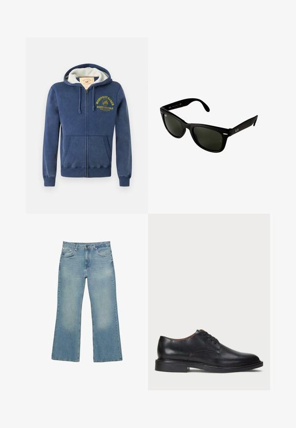 Námořnická modrá mikina s kapucí na zip vyrobená z bavlněné směsi, s podšívkou v kapuci, dvěma předními kapsami a žlutým potiskem s designem palmy.; Bílá dlouhá rukávová henley košile s třemi knoflíky a kulatým výstřihem, vystavená na jednoduchém bílém pozadí.; Světlé modré džíny s širokými nohavicemi, pěti kapsami, zapínáním na knoflík a jemným vyblednutím, s raw lemem a pevným šitím.; Černé kožené společenské boty s kulatou špičkou, šněrováním a nízkým podpatkem. Hladký povrch s minimálním šitím.; Černé plastové sluneční brýle s tmavě zelenými čočkami. Rám čtvercového tvaru s stříbrnými akcenty a vyraženým logem na spánkové straně.