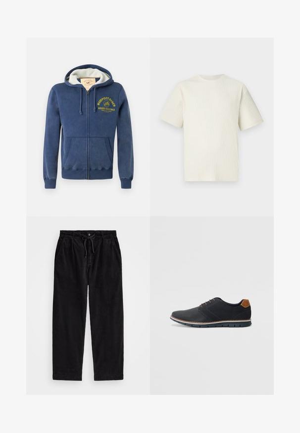 Corta-vento azul-marinho, feito de mistura de algodão, com capuz forrado, dois bolsos frontais e texto impresso em amarelo com um design de palmeira.; T-shirt de malha riscada em bege claro com mangas curtas e decote redondo, exibido contra um fundo branco simples.; Calças de veludo cotelê pretas com um ajuste relaxado, apresentando uma cintura elástica com cordão e bolsos laterais. O tecido apresenta uma textura canalizada.; Sapatos sintéticos pretos com um upper texturizado, pormenores lisos, salto castanho e uma sola contrastante. Apresentam um sistema de atacadores mínimo e detalhes de costura.