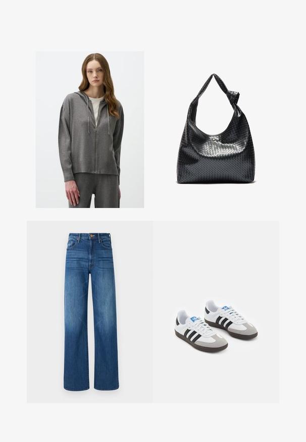 Grauer Reißverschluss-Hoodie mit Kapuze, der eine weiche Textur, einen gerippten Saum und lange Ärmel aufweist. Kombiniert mit passenden Hosen, die eine lässige Passform bieten.; Blau-weiß gestreifte Langarmhemd mit Knopfverschluss, weit geschnittener Kragen, taillierter Passform und abgerundetem Saum. Texturiertes Baumwollmaterial.; Mother THE LASSO SNEAK - Jeans Relaxed Fit - dark blue denim; Sportschuhe mit einem Obermaterial aus weißem Leder, grauer Wildleder-Zehenkappe und drei schwarzen Streifen. Sie verfügen über ein blaues Logo auf der Zunge und eine strukturierte Gummisohle.; Schwarze gewebte Lederhandtasche mit lässigem Design, ausgestattet mit einem geknoteten Trageriemen und einem kleinen dekorativen goldenen Nagel am oberen Rand.
