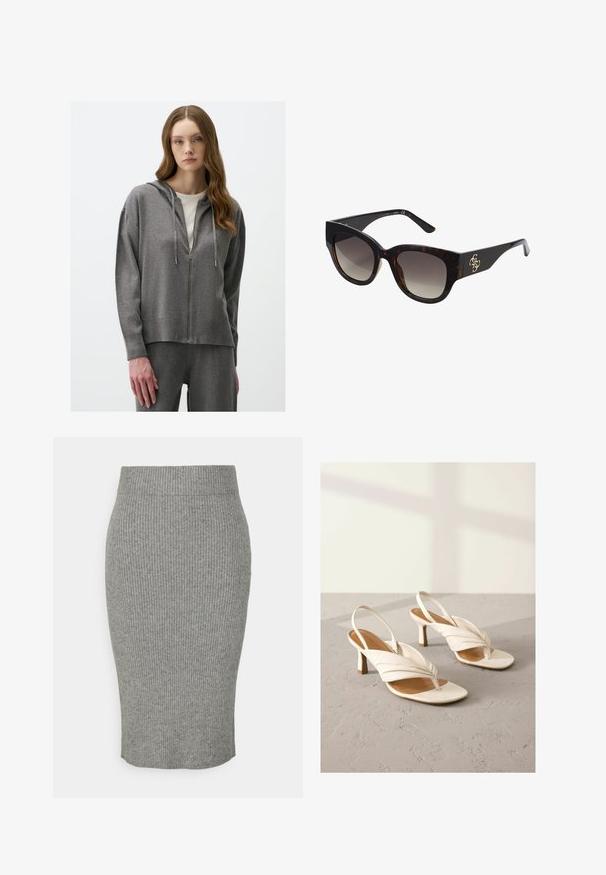 Grijze zip-up hoodie met een capuchon, met een zachte textuur, geribbelde onderkant en lange mouwen. Gecombineerd met bijpassende broek, met een relaxed fit.; Witte tanktop van gladde stof, met een ronde halslijn en brede schouderbanden, met een label binnenin waarop "IVY OAK" staat.; Grijze geribbelde gebreide kokerrok met een getailleerd silhouet, voorzien van een elastische tailleband en een zachte textuur. Middellange uitvoering.; Witte leren slingback hakken met een gedraaide voorkant, open teen en een middenhoog blokhak. Glad textuur en minimale accenten.; Schildpad zonnebril met oversized rechthoekige monturen, gradient lenzen en gouden logo accent op de arm. Glad plastic materiaal.; Grijs geribbelde crop top en olijfgroene hoge taille rok. Model houdt een witte schoudertas met uitsparingen vast. Eenvoudig ontwerp, aansluitende silhouet.; Metalen ring met een gepolijste zilveren afwerking, bestaande uit drie verweven gebogen secties die een gladde, samenhangende vorm creëren.