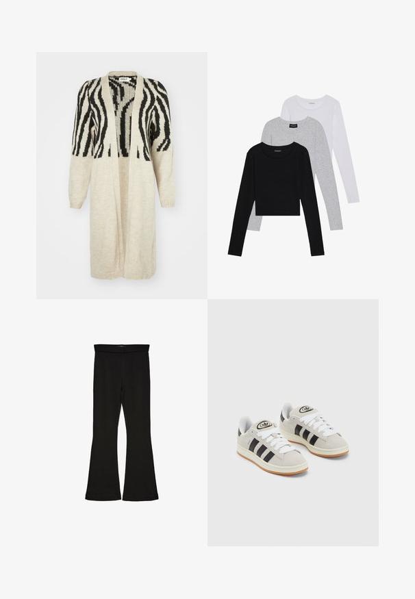 Knit cardigan with black and beige zebra stripe pattern, open front, long sleeves, and ribbed cuffs and hem. Soft texture, lightweight design.; Three long-sleeve tops stacked: black, grey, and white. Each has a round neckline and a cropped design with smooth, lightweight fabric.; Black flare leggings made from stretchy fabric. Features a wide waistband and a smooth texture, with a fitted silhouette that flares at the hem.; Gray suede sneakers with white laces, black stripes, and a white rubber sole. Features a circular logo on the tongue and a gum sole.