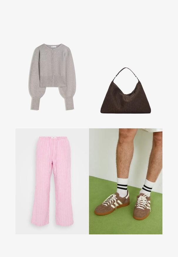 Jasnoszara, krótkia kardiganka z okrągłym dekoltem, zapięciem na guziki oraz żebrowanym wykończeniem mankietów i dołu. Miękka dzianinowa struktura.; Biała bezrękawnikowa koszulka z prążkowanego materiału z okrągłym dekoltem, połączona z szarymi dżinsami z wysokim stanem, które mają kieszenie i zapięcie na guzik.; Różowe spodnie w paski z elastycznym paskiem w talii, lekkim materiałem, szeroką nogawką i gładką fakturą. Pionowe paski w kolorze białym.; Brązowe zamszowe sneakersy z białymi akcentami i sznurówkami. Gumowa, brązowa podeszwa. Noszone z białymi skarpetkami w czarne paski. Zielona teksturowana podłoga.; Brązowa torebka skórzana pleciona o luźnym, trójkątnym kształcie. Posiada pleciony uchwyt i zamek błyskawiczny na górze.; Trzy spinki do włosów: jedna w czarno-białe marmurkowe wzory, dwie w kolorach brązu i czerni w stylu żółwi, wszystkie wykonane z błyszczącego plastiku z teksturowanym wykończeniem.