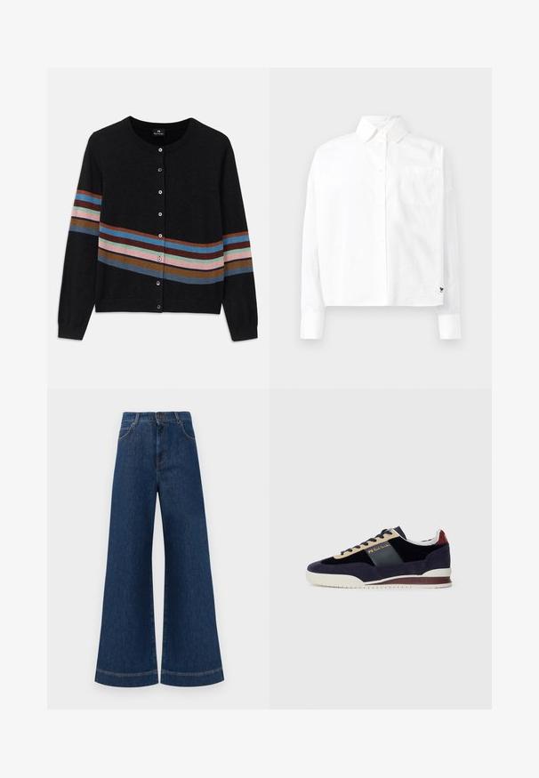 Svart cardigan med rund hals, utstyrt med flerfargede horisontale striper i varierende bredder og knapper langs fronten. Myk tekstur.; Hvit langermet skjorte med knapper og spiss krage, enkelt brystlomme og mansjetter. Laget av glatt, lett stoff.; Bredde ben blå denim bukser med høy midje, med en knappeåpning, beltehemper og subtile sømdetaljer langs lommer og sømmer.; Marineblå søm sko med beige og mørkeblå detaljer. Har en hvit gummisåle og gullmerke på siden. Klassisk atletisk design.