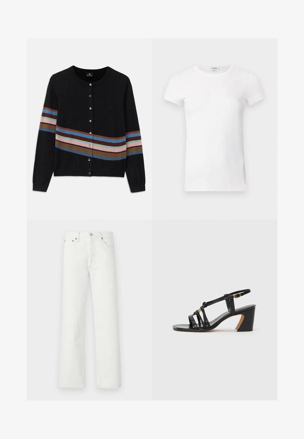 Schwarze Strickjacke mit rundem Halsausschnitt, die mehrfarbige horizontale Streifen unterschiedlicher Breite und eine Knopfleiste hat. Weicher Stoff.; Weißes geripptes T-Shirt mit kurzen Ärmeln und Rundhalsausschnitt. Der Stoff wirkt glatt und hat eine figurbetonte Silhouette. Markenlabel am Kragen sichtbar.; Weiße Jeans im klassischen Schnitt mit geradem Bein, fünf Taschen und metallenen Akzenten am Bund und an den Taschen.; Paul Smith AMIRA - Pumps - black