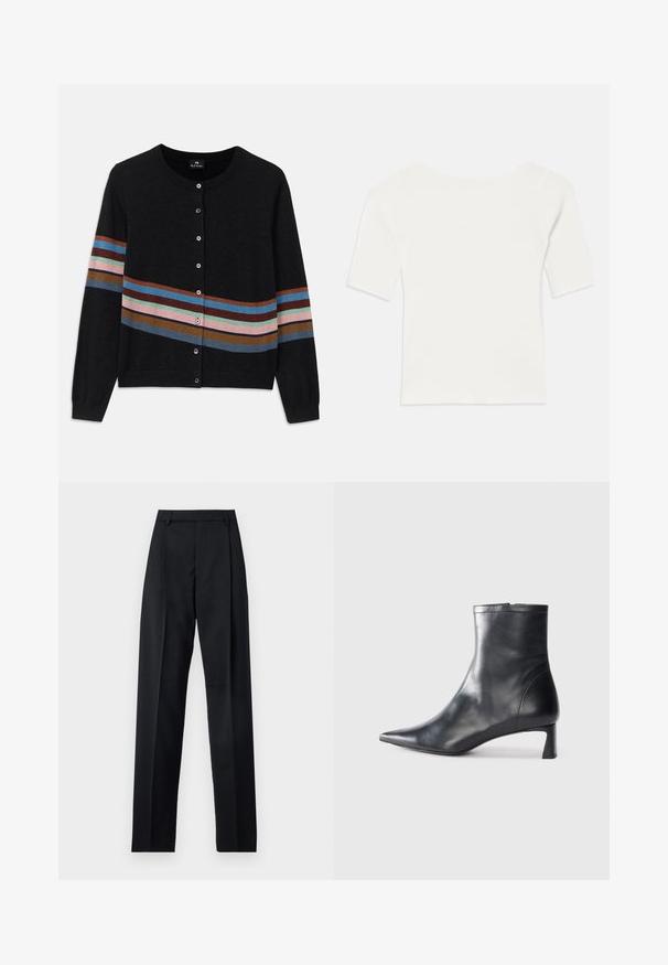 Schwarze Strickjacke mit rundem Halsausschnitt, die mehrfarbige horizontale Streifen unterschiedlicher Breite und eine Knopfleiste hat. Weicher Stoff.; Weißes, geripptes Kurzarmoberteil mit weitem Ausschnitt. Die Textur weist vertikale Streifen auf, die eine eng anliegende Passform und ein einfaches Design betonen.; Schwarze Hosen aus glattem Stoff mit hoher Taille, weitem Bein, vorderen Falten und klassischen Gürtelschlaufen. Keine sichtbaren Seitentaschen.; Schwarze Lederstiefelette mit spitzer Zehe und schlankem Design. Verfügt über einen niedrigen Absatz und einen Reißverschluss hinten. Glatte Textur.