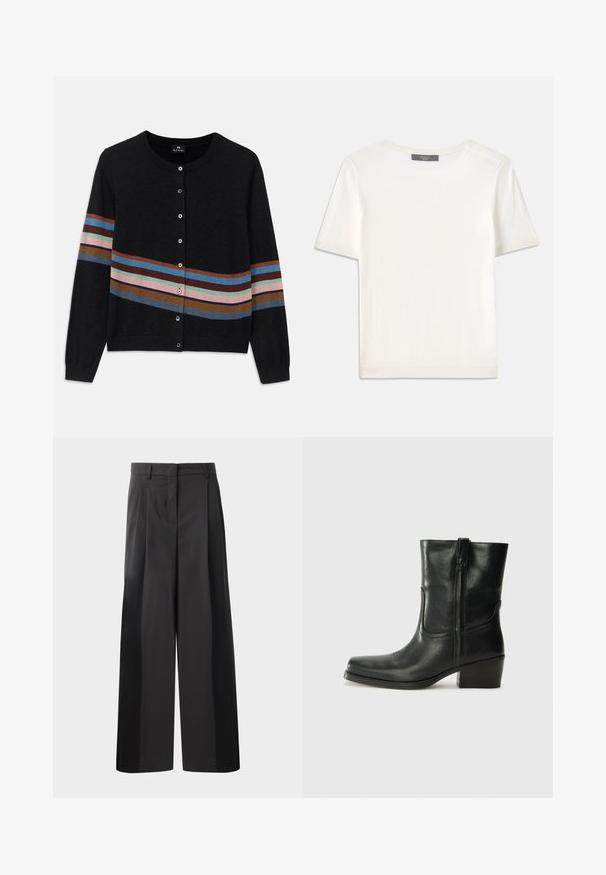 Cardigan negru cu guler rotund, având dungi orizontale multicolore de diferite lățimi și nasturi pe față. Textură moale.; Top tricotat alb cu mânecă scurtă, cu decolteu rotund, având o textură netedă și accente subtile cu nervuri la mâneci și la margine.; Pantaloni negri cu talie înaltă, cu picioare largi, având pliseuri frontale, o textură netedă și un finisaj croit. Concepuți pentru o croială relaxată.; Botine din piele neagră, cu vârf rotund, toc pătrat, fermoar pe lateral și accente de cusături pe partea superioară. Textură netedă, design clasic.