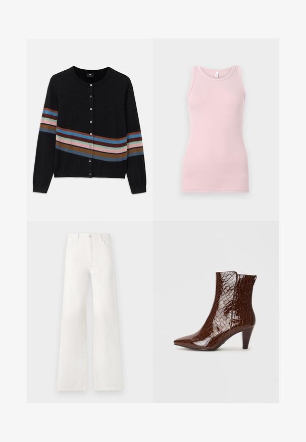 Cardigã preto com decote redondo, apresentando riscas horizontais multicoloridas em diferentes larguras e botões na frente. Textura suave.; Top de alças rosa claro feito de um tecido macio e elástico. Apresenta um decote redondo e alças finas, com uma textura suave e um corte justo.; Jeans brancos, de cintura alta e pernas largas, feitos de denim. Apresentam um fecho de botão, dois bolsos frontais e costuras detalhadas nas laterais.; Botim castanho de pele de crocodilo sintética, com bico fino e salto afunilado. Apresenta uma textura brilhante e detalhe de fecho lateral.