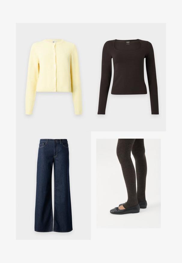 Žlutý žebrovaný cardigan s dlouhými rukávy, kulatým výstřihem a pěti knoflíkovými zapínáními vpředu. Měkká textura s krátkým střihem.; Černý dlouhý rukáv, přiléhavý top se čtvercovým výstřihem, označený značkou GAP, vystavený na bílém pozadí.; Džínsy s širokými nohavicemi v tmavě modré barvě. Mají kontrastní švy, pět kapes a zapínání na knoflík v pase. Hladká textura.; Černé ploché boty s malou mašlí na špičce, kombinované s tmavě hnědými žebrovanými punčochami. Boty mají hladký povrch a nízký profil.