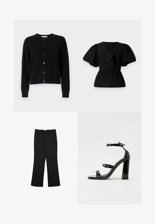 Svart kofta i mjukt tyg, med rund halsringning, långa ärmar och sex knappknäppningar framtill. Enkelt design, inga mönster.; Svart bomullsblus med V-hals, puffärmar och en knytaccent i midjan. Bodyn är skrynklad för en peplumform.; Svarta byxor med rak passform, utrustade med framfickor och sidoklyvningar vid fållen. Tillverkade av mjukt, slätt tyg. Lämpliga för olika tillfällen.; Svarta lackerade klacksandaler med fyrkantig tå, ankelremmar och silverfärgade spännen. Har en kraftig blockklack för stabilitet.