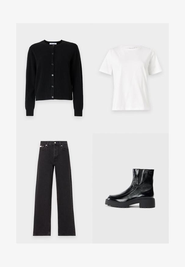 Cardigã preto feito de tecido macio, com decote redondo, mangas longas e seis botões na frente. Design simples, sem padrões.; T-shirt de algodão branco com mangas curtas, decote redondo e um corte descontraído. Textura suave, sem padrões ou detalhes, design minimalista.; Jeans de perna larga pretos feitos de denim, apresentando uma cintura alta, estilo de cinco bolsos e um fecho em botão de metal com costura contrastante.; Botas de tornozelo pretas com acabamento em pele envernizada brilhante, sola de borracha preta robusta e salto elevado; inclui um detalhe discreto do logótipo na lateral.