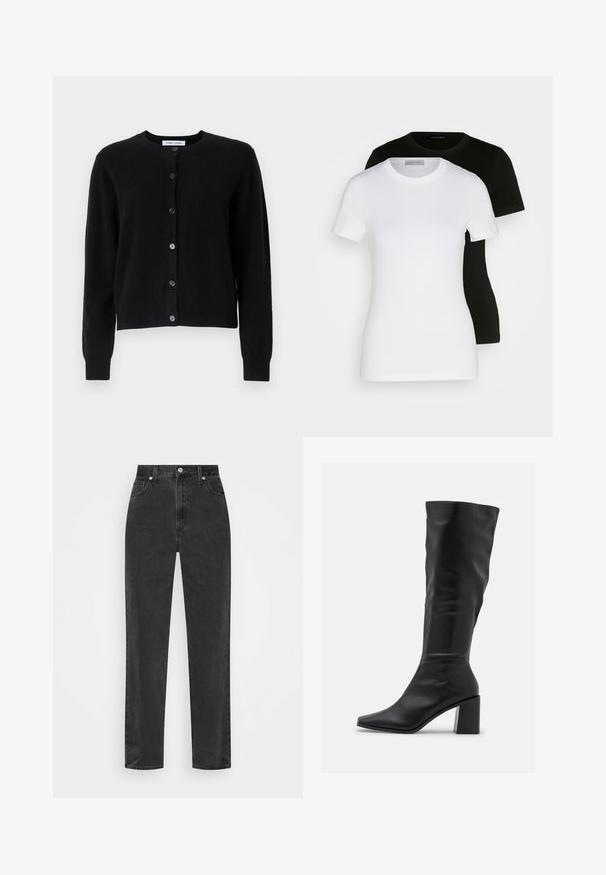 Black cardigan made of soft fabric, featuring a round neckline, long sleeves, and six button closures down the front. Simple design, no patterns.; Two short-sleeve T-shirts in black and white. Made of smooth cotton, featuring a classic round neckline and regular fit.; Straight-leg black denim jeans with high waist, front button and zipper, and five-pocket styling on a white background.; RAID BLICK - Boots - black