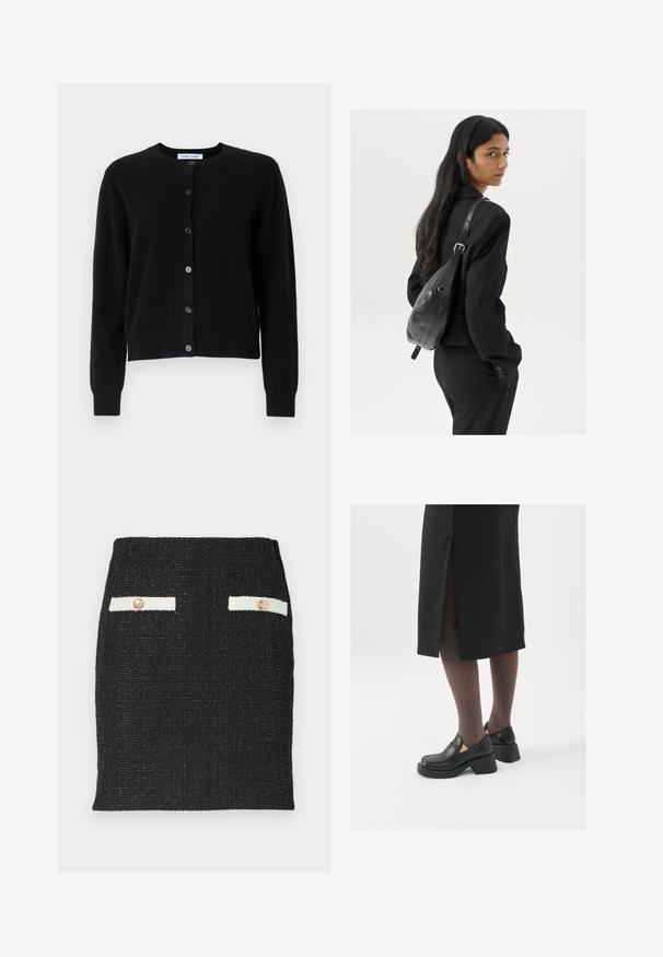 Černý cardigan vyrobený z měkké látky, s kulatým výstřihem, dlouhými rukávy a šesti knoflíkovými zapínáními vpředu. Jednoduchý design, bez vzorů.; Bílý bezrukávový top vyrobený z ribbed látky, s kulatým výstřihem a přiléhavým střihem, s minimem švů a bez ozdob.; Černá tweedová sukně s texturovanou tkaninou a přiléhavým designem. Obsahuje dva bílé kapsy s akcenty a zlatými knoflíky.; Černé kožené boty s kulatou špičkou, silným blokovým podpatkem a elastickými bočními akcenty, spárované s tmavými punčochami a černou sukní se rozparkem.; Žena s dlouhými tmavými vlasy, oblečená v černém obleku, nese černou koženou kabelku přes rameno a dívá se přes rameno na bílém pozadí.
