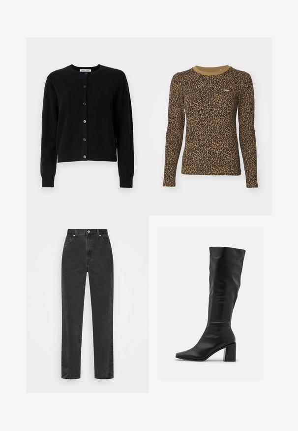 Black cardigan made of soft fabric, featuring a round neckline, long sleeves, and six button closures down the front. Simple design, no patterns.; Brown long-sleeve t-shirt featuring a leopard print pattern, round neckline, and slight stretch. Small logo patch on the front.; Straight-leg black denim jeans with high waist, front button and zipper, and five-pocket styling on a white background.; RAID BLICK - Boots - black