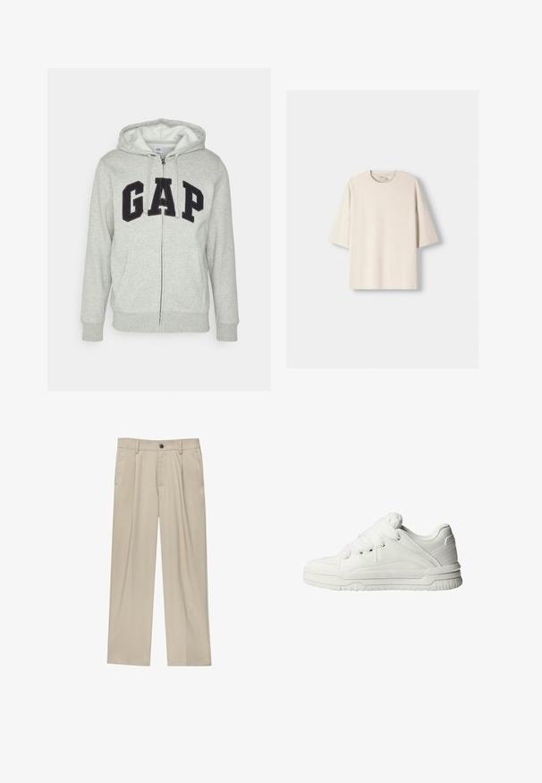 Hanorac gri cu fermoar, prevăzut cu o buză frontală tip kangur, având un logo negru "GAP". Material moale și glugă ajustabilă cu șnur.; Tricou din bumbac bej, supradimensionat, cu guler rotund și mâneci scurte, căzute. Textură netedă, design minimalist, fără modele sau accente.; Pantaloni bej cu croi drept, dotati cu un singur nasture negru, bucle pentru centură și buzunare laterale. Textură de țesătură netedă și design minimal.; Adidași albi cu un exterior din piele netedă, limbă căptușită, șireturi plate și accente texturate pe părțile laterale și pe toc.