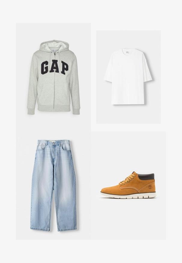 Gray zip-up hoodie with a front kangaroo pocket, featuring a black "GAP" logo. Soft fabric and adjustable drawstring hood.; White short-sleeved t-shirt made from cotton, featuring a round neckline and a relaxed fit. Smooth texture, with no visible patterns or accents.; Light blue denim wide-leg jeans with a mid-rise waist, five pocket design, and subtle fading; finished with a straight hem and belt loops.; Brown suede ankle boots with a padded collar, featuring gold eyelets and laces, contrast stitching, and a white rubber sole.