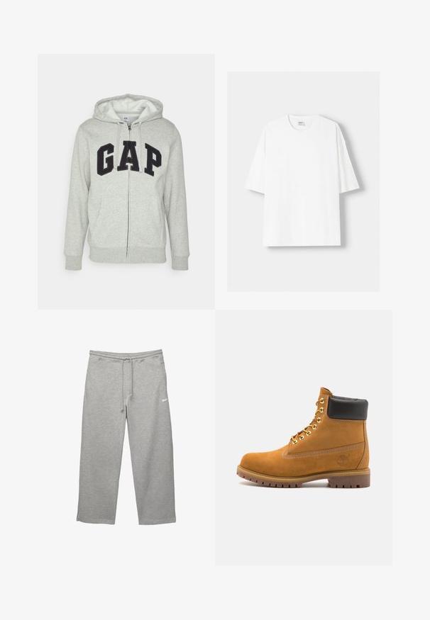 Grauer Reißverschluss-Hoodie mit einer vorderen Kängurutasche, ausgestattet mit einem schwarzen "GAP"-Logo. Weicher Stoff und verstellbare Kapuze mit Kordelzug.; Weißes kurzärmliges T-Shirt aus Baumwolle mit Rundhalsausschnitt und lockerer Passform. Glatte Textur, ohne sichtbare Muster oder Akzente.; Graue Sweatpants aus weichem Stoff mit elastischem Bund, verstellbarem Kordelzug und Seitentaschen. Mit einem kleinen weißen Logo.; Beige Wildleder-Ankle-Boot mit schwarzem gepolstertem Kragen, goldenen Metallösen, weißen Nähdetalben und einer robusten Gummisohle mit ausgeprägtem Profil.