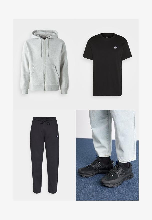 Gray zip-up hoodie with a drawstring hood, featuring side pockets, ribbed cuffs, and a subtle logo on the chest. Soft fabric texture.; Black cotton T-shirt with short sleeves, round neck, and a small white Nike logo on the upper left chest. Smooth texture. Classic fit.; Black sweatpants made of soft fabric with an elastic waistband, drawstring, and a small Nike logo on the left thigh.; Black athletic shoes with textured fabric and rubber soles, featuring elastic laces and a blue accent on the heel. Worn with light denim pants.