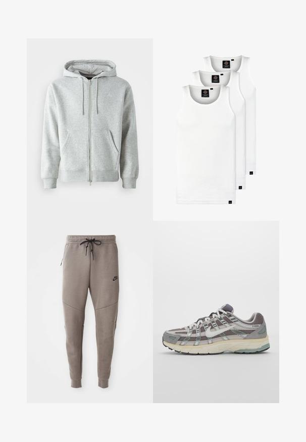 Grijze zip-up hoodie met een trekkoordcapuchon, voorzien van zijzakken, geribbelde manchetten en een subtiel logo op de borst. Zachte stoftextuur.; Drie witte geribde tanktops van katoen. Kenmerken zijn een ronde hals en kleine zwarte labels nabij de zoom. Verkrijgbaar in meerdere maten.; Grijze Nike-sweatpants met een verstelbare tailleband, taps toelopende benen, zijzakken en opvallende naaddetails. Zachte, gestructureerde stof.; Grijze sportieve schoen met een bovenwerk van mesh en suede, witte accenten, een gevoerde zool en een onderscheidend ontwerp met reflecterende elementen.