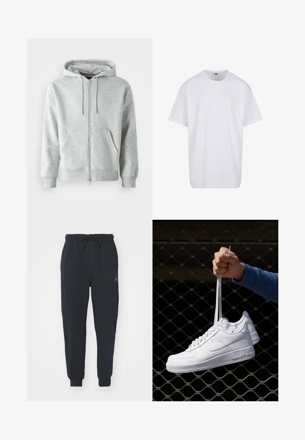 Szürke cipzáras kapucnis felső, zsinóros kapucnival, oldalsó zsebekkel, bordás mandzsettákkal és egy diszkrét logóval a mellkasán. Puha textúra.; Fehér pamut póló rövid ujjal, kerek nyakú, laza szabású, és nincsenek látható logók vagy minták. Simább textúra és minimalista dizájn.; Fekete jogger nadrág puha anyagból, hajlékony derékkal és zsinórral, bordás mandzsettákkal és kis logóval a bal combon.; Fehér bőr sportcipők perforációval, kerek orral, lapos talppal és vastag fűzőkkel, látható swoosh logóval és "AIR" felirattal a sarokrészen.