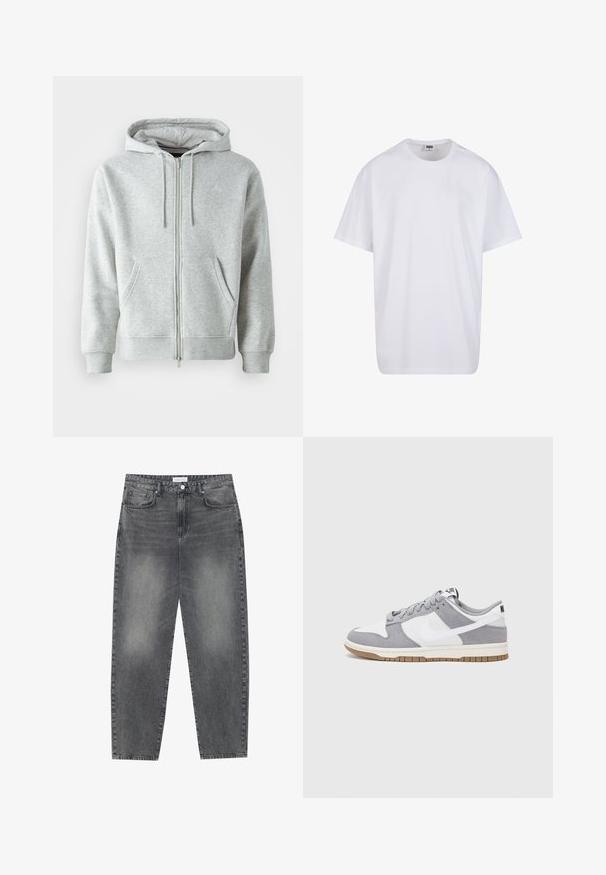 Felpa grigia con zip e cappuccio regolabile, con tasche laterali, polsini a costine e un logo sottile sul petto. Tessuto morbido.; Maglietta bianca in cotone con maniche corte, scollatura rotonda, vestibilità comoda e senza loghi o motivi visibili. Texture liscia e design minimale.; Jeans a vita alta, dal taglio ampio in denim nero sbiadito. Presentano cinque tasche, passanti per cintura e un design dritto e pulito.; Sneaker grigia e bianca con tomaia in suede e pelle, punta arrotondata, lacci piatti e soletta in gomma con un accento color caramello.