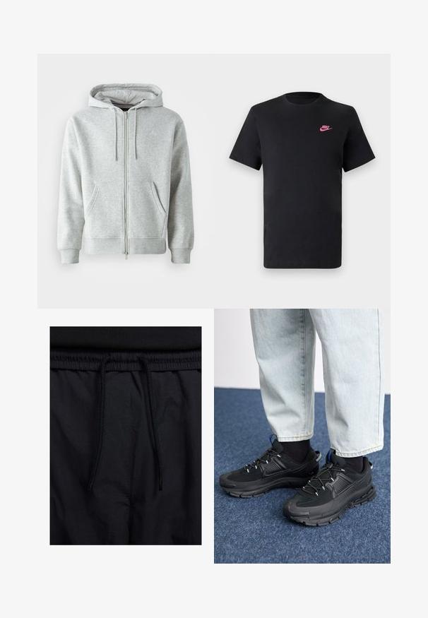 Sweat à capuche zippé gris avec cordon de serrage, doté de poches latérales, de poignets côtelés et d'un logo discret sur la poitrine. Texture de tissu douce.; T-shirt en coton noir avec un col rond et des manches courtes. Présente un logo Nike rose sur le côté supérieur gauche. Texture douce.; Shorts noirs avec un élastique à cordon de serrage, en tissu léger avec une texture lisse, et un design simple sans logos ni motifs visibles.; Des chaussures de sport noires avec un tissu texturé et des semelles en caoutchouc, dotées de lacets élastiques et d'un accent bleu au talon. Portées avec un pantalon en denim clair.