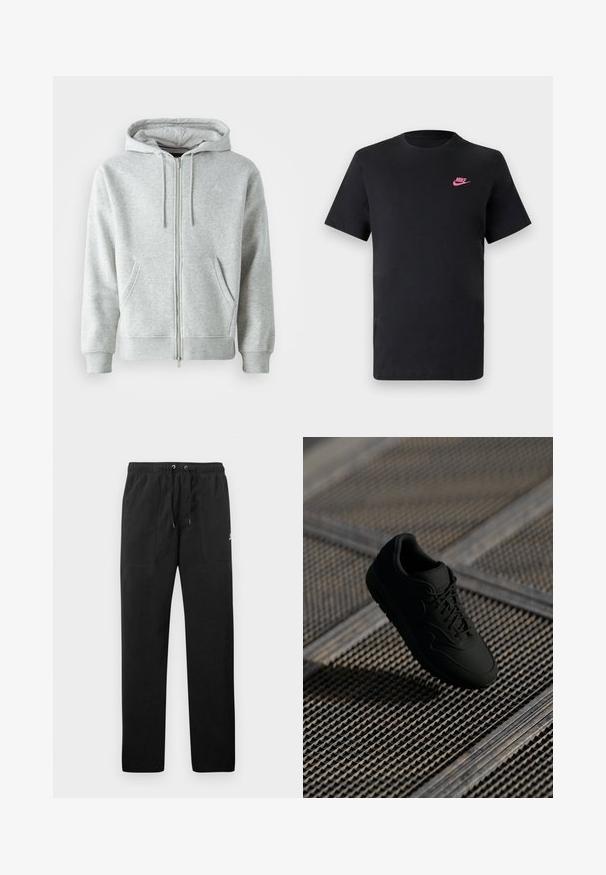 Pelēks kapucis ar rāvējslēdzēju, kas aprīkots ar auklu, ar sānu kabatām, ribotām aprocēm un izsmalcinātu logo uz krūtīm. Mīksta auduma tekstūra.; Melnas kokvilnas T-krekls ar apaļu kaklu un īsām piedurknēm. Uz augšējās kreisās puses ir rozā Nike logo. Gluda tekstūra.; Melnas sporta bikses, izgatavotas no flīsa, ar elastīgu jostasviedi un auklām, diviem priekšējiem kabatām un nelielu logo uz augšstilba.; Melni sporta apavi ar gludu tekstūru, noapaļotu purngalu, sasienamu priekšpusi un smalku zīmola atpazīstamību. Rādīti uz teksturēta, industriāla fona.