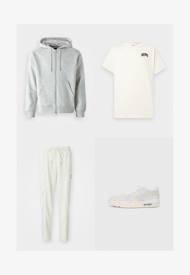 Pilkas užtrauktuku užsegamas dėklas su reguliuojamu gobtuvu, šoninėmis kišenėmis, banguotomis rankovėmis ir subtiliu logotipu ant krūtinės. Minkšta audinio tekstūra.; Kremo spalvos medvilninis marškinėlis trumpomis rankovėmis, su "NIKE SB" juodu ir raudonu tekstu ant krūtinės. Standartinė apvali iškirptė.; Baltos lieknos jogger kelnes su elastinga juosta ir raišteliu, turinčios šonines siūles ir mažą juodą emblemą dešinėje kojoje.; Batai sportiniai su šviesiai smėline sintetine apdaila, baltais raišteliais ir matoma amortizacija. Ypatybių sąraše – lygus padas ir subtilūs šoninės detalės.