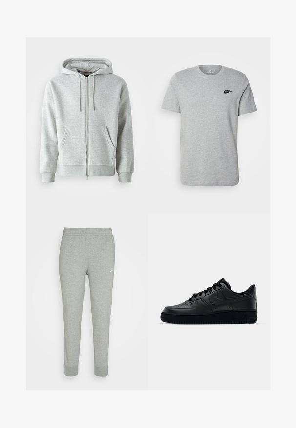 Pelēks kapucis ar rāvējslēdzēju, kas aprīkots ar auklu, ar sānu kabatām, ribotām aprocēm un izsmalcinātu logo uz krūtīm. Mīksta auduma tekstūra.; Pelēka īsām piedurknēm T-kreklā, kas izgatavots no kokvilnas, ar melnu Nike logotipu uz krūtīm un apaļu dekoltē. Minimalistiska dizaina bez rakstiem.; Pelēkas sporta bikses, izgatavotas no mīkstas auduma, ar pieguļošiem kāju galiem, elastīgu jostasvietu un mazu baltu Nike logo kreisajā augšstilbā.; Melni Nike Air Force 1 apavi ar gludu ādas virsu, perforētu purngalu gaisa caurlaidībai, melnām šņorēm un teksturētu gumijas zoli.