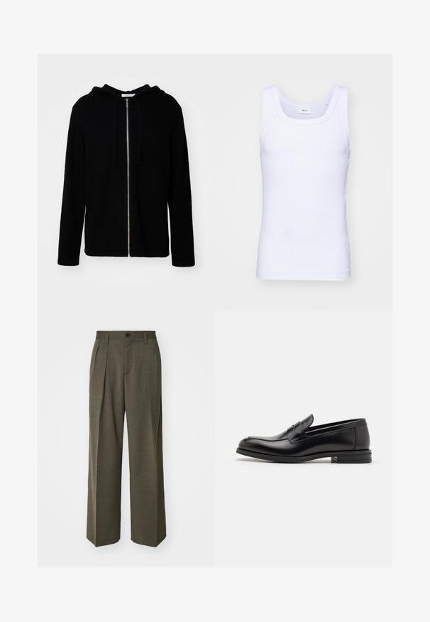 Black zip-up hoodie made of soft fabric, featuring a kangaroo pocket, drawstrings, and ribbed cuffs. Smooth texture with a simple design.; White cotton sleeveless tank top with a round neckline, featuring a smooth texture and a fitting shape, designed for casual wear.; Filippa K WIDE TROUSERS - Trousers - driftwood; Black leather loafers with a smooth texture, rounded toe, and a decorative strap across the vamp. Low stacked heel, minimalist design.