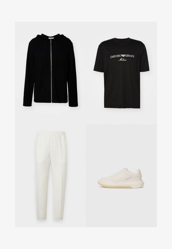 Felpa nera con zip realizzata in tessuto morbido, dotata di tasca a marsupio, cordini e polsini a costine. Texture liscia con un design semplice.; T-shirt in cotone nero con scollatura rotonda, maniche corte e logo "EMPORIO ARMANI" in bianco sopra "Milano" in una disposizione curva.; Pantaloni bianchi slim-fit con una fascia elastica in vita, caratterizzati da due tasche laterali e una texture liscia e leggermente lucida.; Sneaker bianche con tomaia in pelle liscia, punta tondeggiante e suola in gomma spessa. Presentano cuciture minime e un sottile dettaglio con il logo sul lato.