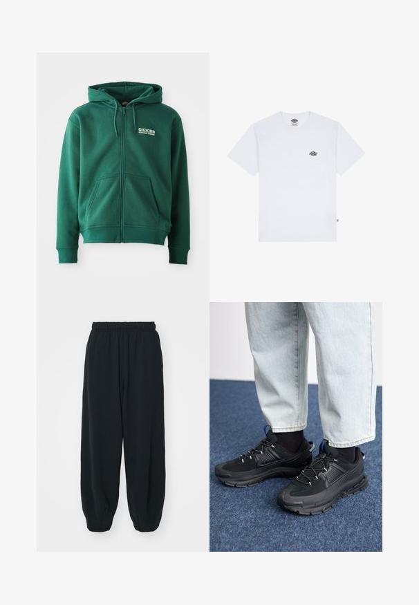 Žalia zip-up džinsinė striukė pagaminta iš minkštos medžiagos, turi priekinę kišenę, virvutes ir logotipą viršutinėje kairėje pusėje.; Balta medvilnės marškinėliai trumpomis rankovėmis, su maža juoda logotipu ant krūtinės ir etikete kairiajame apatiniame kampe.; Juodi, su elastiniu juosmeniu sportiniai kelnės su laisvu siluetu, suapvalintais kulkšnimis, lygia tekstūra ir be matomų raštų ar metalinių akcentų.; Juodi sportiniai bateliai su tekstūruota medžiaga ir guminiais padais, su elastingomis raišteliais ir mėlynu akcentu ant kulno. Dėvimi su šviesiai mėlynomis džinsinėmis kelnėmis.