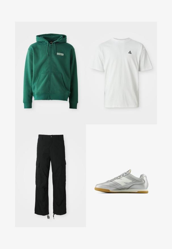 Zaļš kapuces džemperis ar rāvējslēdzēju, izgatavots no mīkstas auduma, ar priekšējo kabatu, auklām un logotipu kreisajā augšējā pusē.; Balts īsās piedurknes T-krekls ar mazu melnu trīsstūra logotipu, kurā ir "acg", uz kreisā krūšu. Vienkāršs fons.; Melnas kravas bikses, izgatavotas no izturīgas auduma, ar diviem sānu kabatām, pogu aizdari un regulējamiem hieroglifiem, lai nodrošinātu brīvu, relaksētu piegriezumu.; Sudraba sporta apavi ar gludu, spīdīgu virsmu, balto logo sānos, teksturētām pelēkajām šņorēm un gumijas zoli.