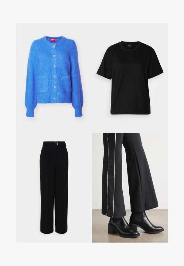 Modrý vlnený cardigan s okrúhlym výstrihom, dlhými puff rukávmi, dvoma prednými vreckami a dekoratívnymi striebornými gombíkmi pozdĺž zapínania.; Čierne bavlnené tričko s okrúhlym výstrihom, krátkymi rukávmi a vyšívaným logom na hrudi. Jednoduchý, voľný strih bez vzorov.; Čierne upravené nohavice s širokým strihom, s opaskom so striebornou sponou, záhybmi a hladkou textúrou látky.; Čierne kožené členkové topánky s blokovým podpätkom, vybavené elastickými bočnými panelmi. Skombinované s čiernymi nohavicami, ktoré majú biely bočný pruh.