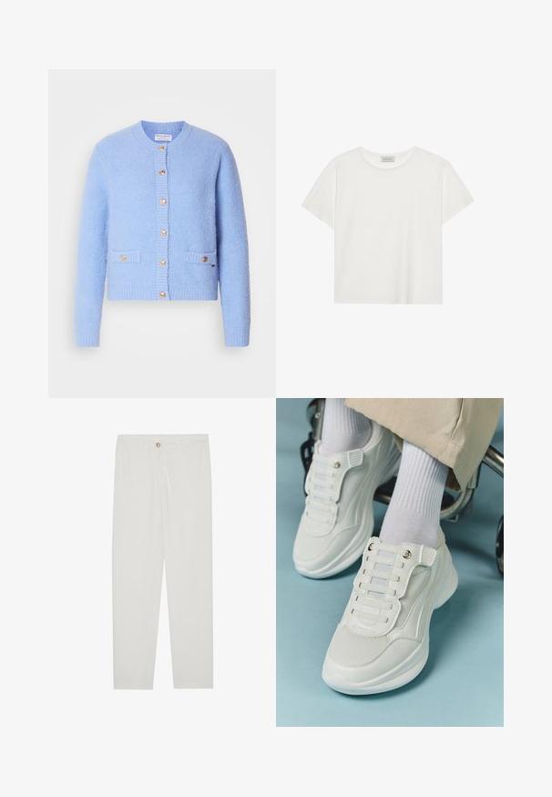 Himmelblauer, strukturierter Cardigan aus weichem Material, mit Rundhalsausschnitt, Knopfverschluss und zwei Fronttaschen mit goldenen Akzenten.; Weißes T-Shirt mit kurzen Ärmeln aus weicher Baumwolle. Verfügt über einen runden Halsausschnitt und eine lockere Passform. Sauberes Design ohne sichtbare Muster oder Akzente.; Weisse, maßgeschneiderte Hosen mit geradem Bein, die über einen Knopfverschluss, Gürtelschlaufen und Seitentaschen verfügen; glatte Stoffoberfläche.; Weiße Sneaker aus Mesh-Material, mit Gummisohle, schnürfreiem Design mit elastischen Bändern und goldfarbenen Akzenten.