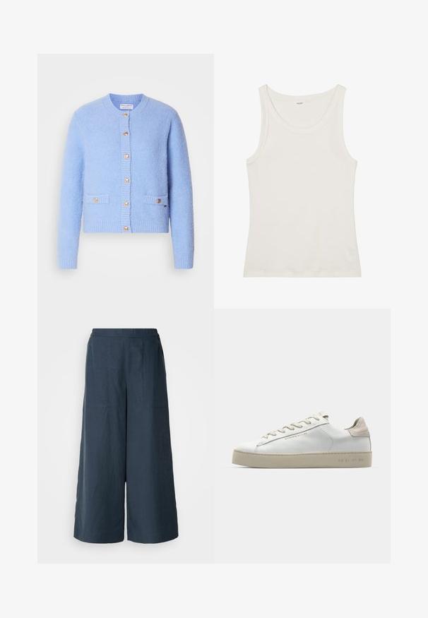 Nebeská modrá, štruktúrovaná kardigán vyrobená z mäkkého materiálu, s okrúhlym výstrihom, zapínaním na gombíky a dvoma prednými vreckami so zlatými akcentmi.; Biely bavlnený tielko s širokým výstrihom a tenkými ramienkami. Hladká textúra bez viditeľných vzorov alebo ozdôb.; Široké nohavice v námorníckej modrej farbe, vyrobené z ľahkej tkaniny. Majú mierne textúrovaný povrch, elastický pás a predné švy.; Biele kožené tenisky s hladkým povrchom, béžové sametové akcenty, okrúly špička, plochý dizajn na šnurovanie a štruktúrovaná gumová podrážka.