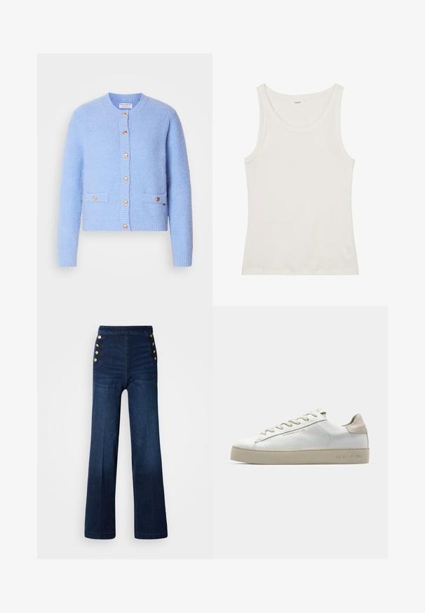 Sky blue, textured cardigan made from soft material, featuring a round neck, button closure, and two front pockets with gold accents.; White cotton tank top with a wide neckline and thin shoulder straps. Smooth texture with no visible patterns or embellishments.; Dark blue denim wide-leg pants featuring a high waist, gold button accents on the sides, and a smooth texture with subtle fading.; White leather sneaker with a smooth finish, beige suede accents, round toe, flat lace-up design, and a textured rubber sole.